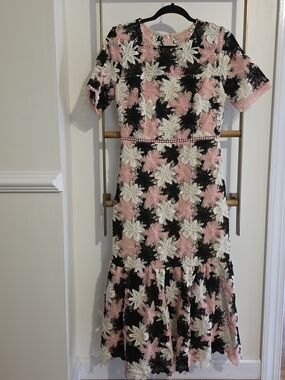 Just Me Pink Black Cream Floral Lace Midi Dress